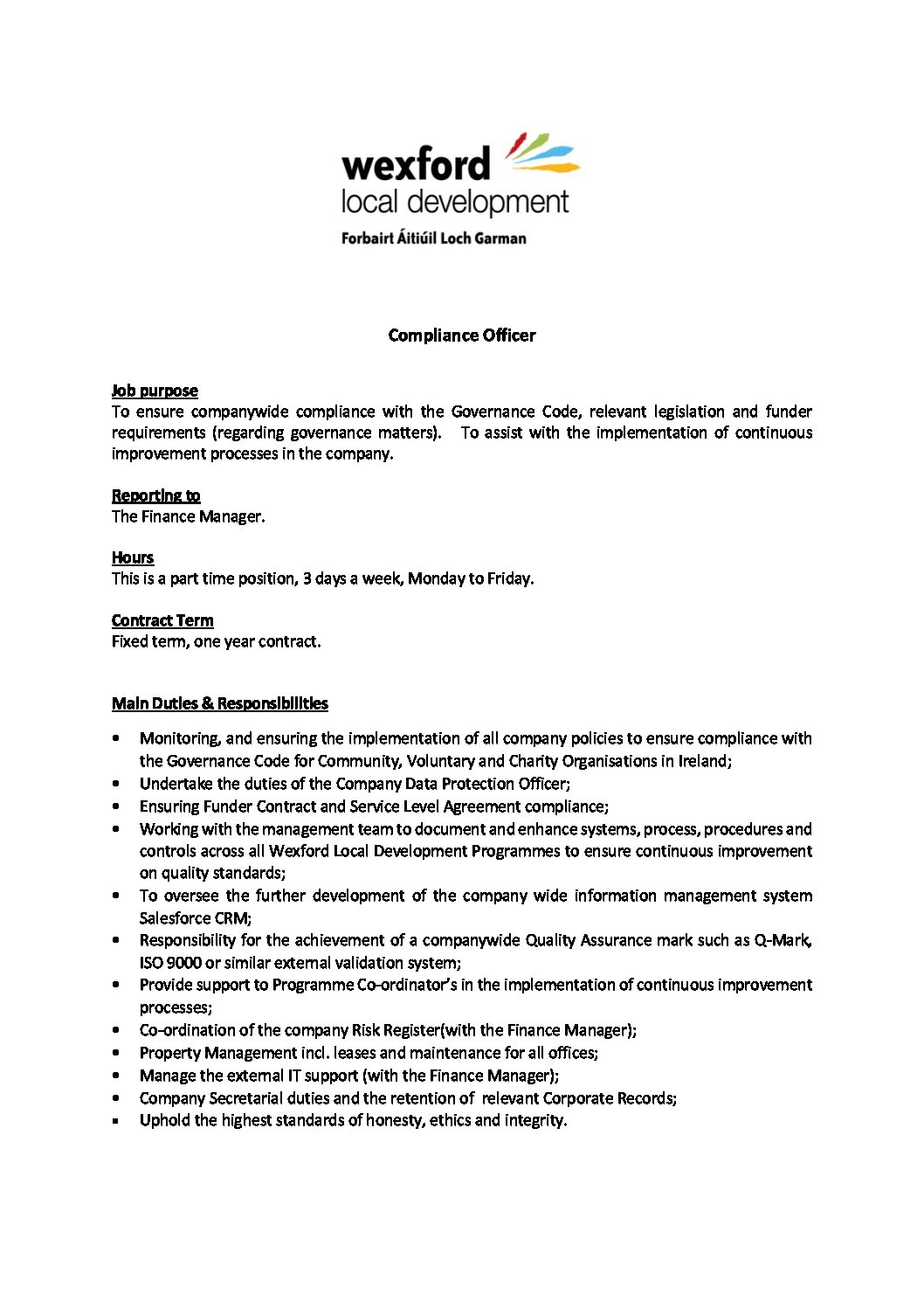 Job description Compliance Officer pdf Wexford Local Development