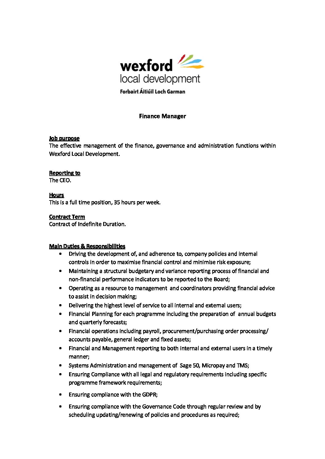 Job description Finance Manager pdf Wexford Local Development